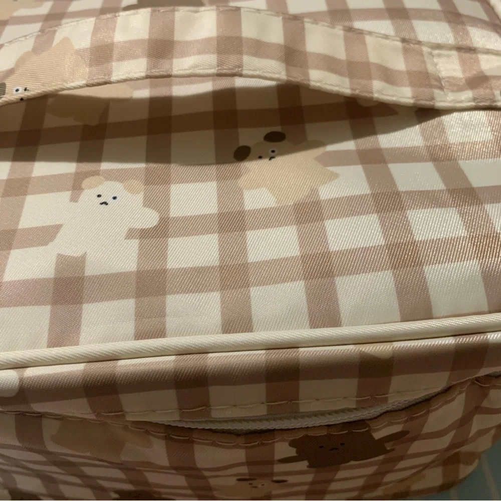 Teddy Bear Gingham Print Cosmetic Case Makeup Bag with Zipper and Handle NWOT